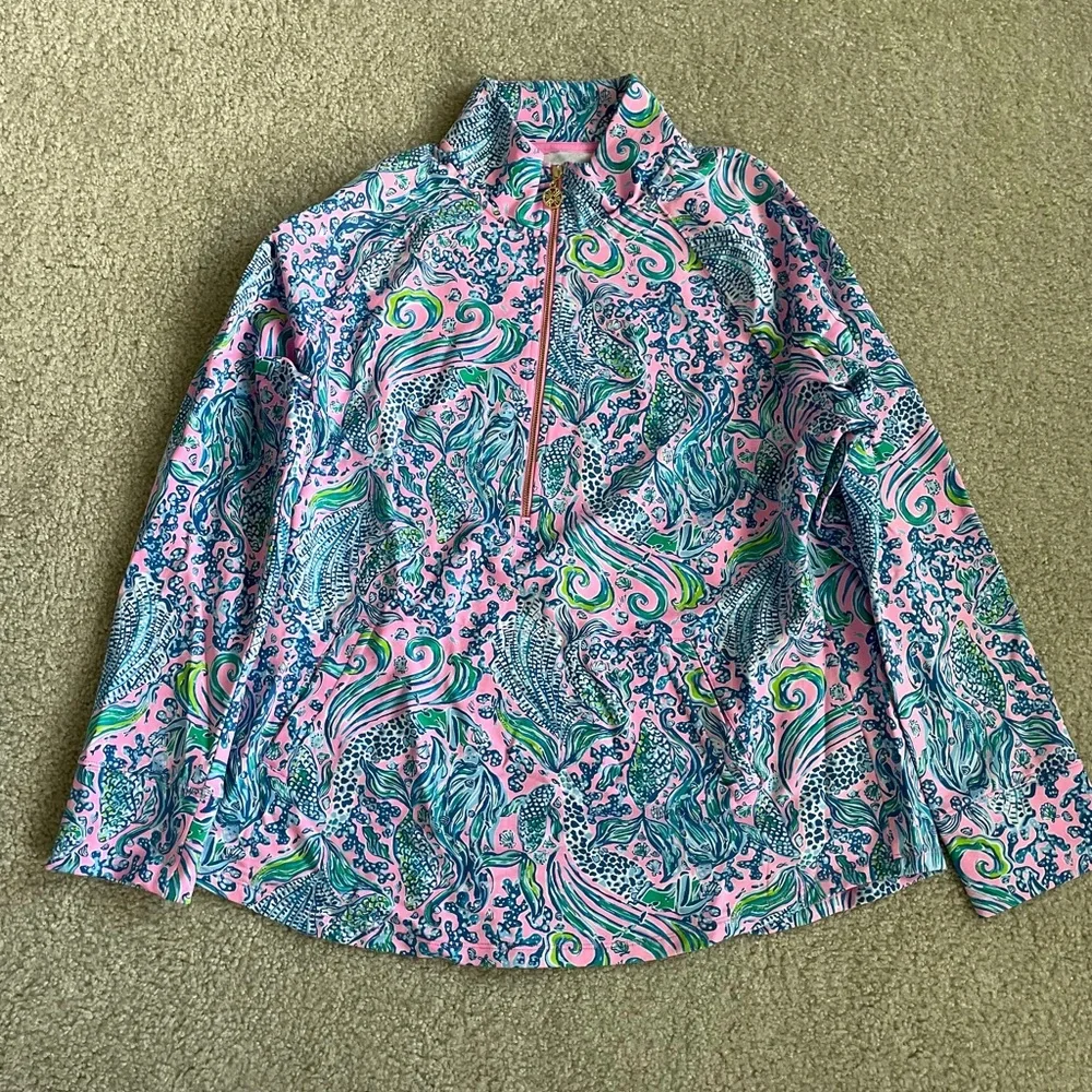 Lilly Pulitzer Pink, Teal & Green Pullover Quarter-Zip Hoodie - Picture 1 of 3